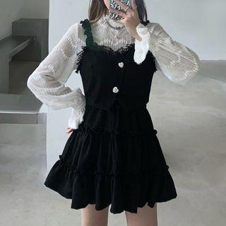 Long-sleeve Mock-neck Lace Top / Lace Camisole Top / Mini A-line Skirt / Set