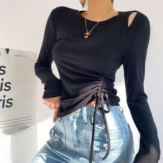 Long Sleeve Cold-shoulder Drawstring Crop Top