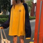 Long-sleeve Smiley Face Raglan T-shirt Yellow - One Size