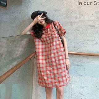 Plaid Loose-fit Short-sleeve Dress As Figure - One Size