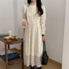 Stand Collar Long-sleeve Lace Dress Almond - One Size
