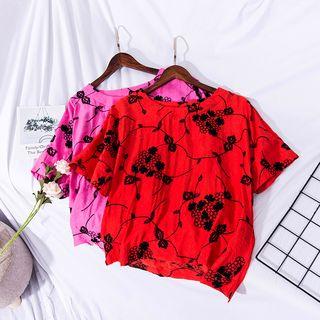 Short-sleeve Floral Linen Top Rose Pink - One Size