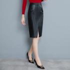 Faux Leather Pencil Slit Skirt