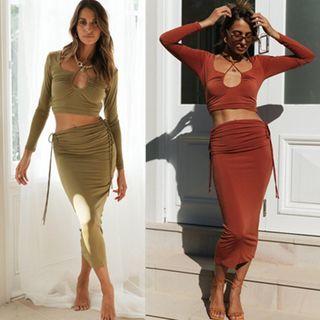 Set: Halter-neck Long-sleeve Crop Top + Drawstring Pencil Skirt