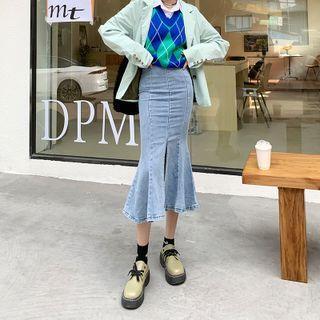 Front-slit Ruffle Hem Denim Midi Pencil Skirt