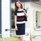 Striped Short-sleeve Sheath Dress