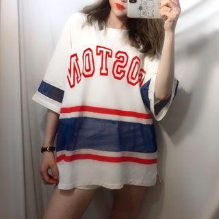 Elbow-sleeve Lettering Sheer Panel Top