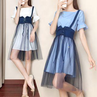 Set: Short-sleeve A-line Dress + Mesh Jumper Skirt