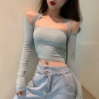 Cold-shoulder T-shirt Light Green - One Size