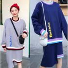 Set: Contrast-trim Sweatshirt + Asymmetric Hem Midi Skirt