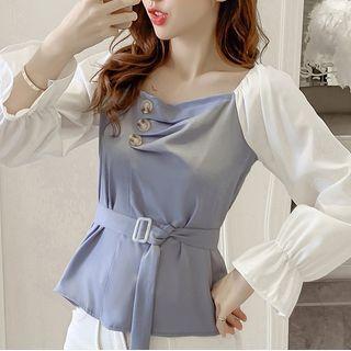 Long-sleeve Panel Tie-waist Top