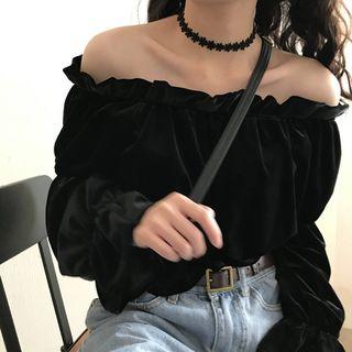 Velvet Off-shoulder Blouse Black - One Size