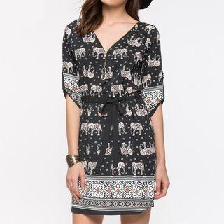 Print V-neck Elbow-sleeve Dress