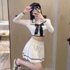 Bow Cropped Polo Shirt / Pleated Mini A-line Skirt / Set