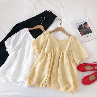 Plain V-neck Puff-sleeve Top
