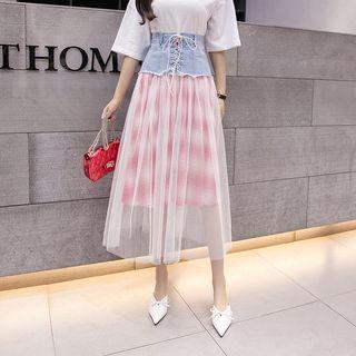 Mesh A-line Skirt With Denim Belt
