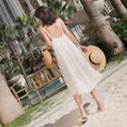 Open Back Feather Detail Midi Spaghetti Strap Dress