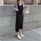Long-sleeve Plaid Cropped Shirt / Sleeveless Midi Dress