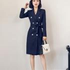 Long-sleeve Double-breasted Pinstriped Coat Dress