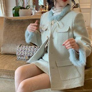 Set: Long-sleeve Furry Trim Tweed Jacket + Midi Skirt