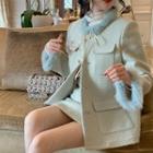 Set: Long-sleeve Furry Trim Tweed Jacket + Midi Skirt