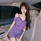 Color-block Short-sleeve Slim-fit Dress Purple - One Size