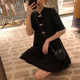 Contrast Trim Mandarin Collar Short-sleeve Mini A-line Dress