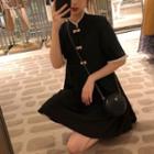 Contrast Trim Mandarin Collar Short-sleeve Mini A-line Dress