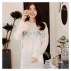 Set: Floral Embroidered Sweater + Ruffle-hem Skirt