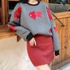 Set : Goldfish Embroidered Long-sleeve Sweatshirt + Knit Skirt