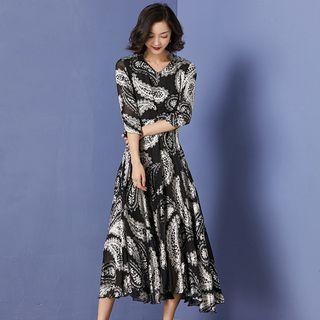 Elbow-sleeve Midi Printed Chiffon Dress