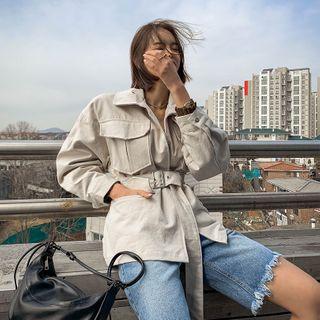 Funnel-neck Pocket-detail Belted Safari Jacket