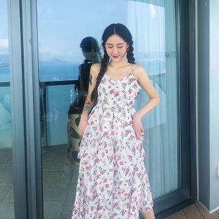 Spaghetti Strap Maxi Floral Dress White - One Size