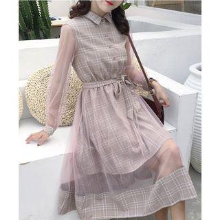 Plaid Mesh Panel Long-sleeve Dress