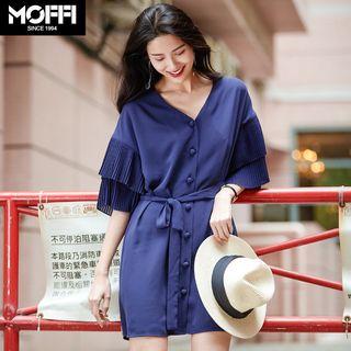 Bell-sleeve Buttoned V-neck Chiffon Dress