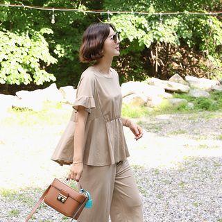 Set: Frilled-sleeve Gathered-waist Top + Band-waist Wide-leg Pants