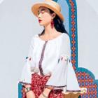 Embroidered Scoop-neck Bell-sleeve Chiffon Top White - M