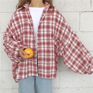Plaid Oversize Lantern-sleeve Shirt