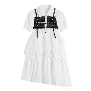 Short-sleeve Mesh Trim Tiered Midi Dress