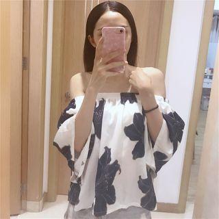 Flower Print Off-shoulder Bell-sleeve Chiffon Blouse