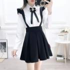 Set: Long-sleeve Shirt + Mini A-line Suspender Skirt