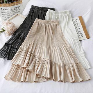 Asymmetric Ruffled Velvet Midi Skirt