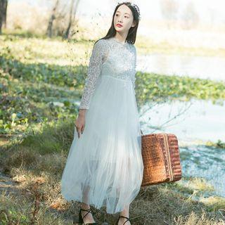 Set: Lace Panel Long Sleeve Dress + Slipdress