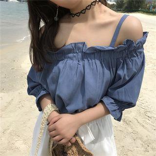 Off-shoulder Strap Elbow-sleeve Top