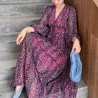Elbow-sleeve Floral Print V-neck Maxi Dress