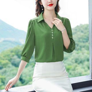 3/4-sleeve V-neck Striped Blouse