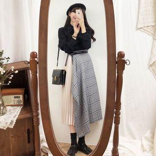 Long-sleeve Shirt / Plaid Pleated Skirt With Belt