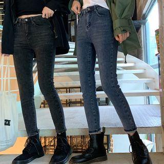 High-waist Fleece-lining Slim-fit Jeans