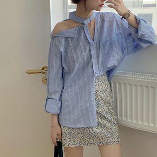 Striped Cutout Long-sleeve Blouse