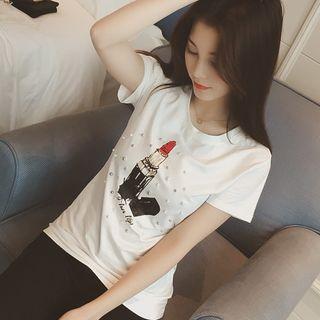 Lipstick Print Short-sleeve Embellished T-shirt